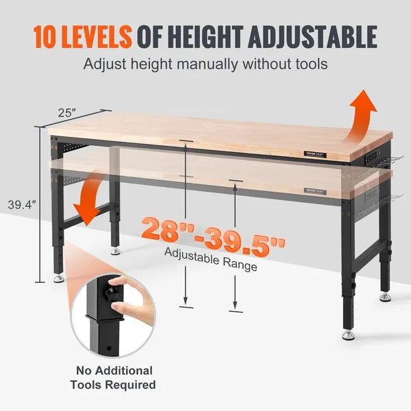 Adjustable height workbench with measurements and toolless adjustment feature.