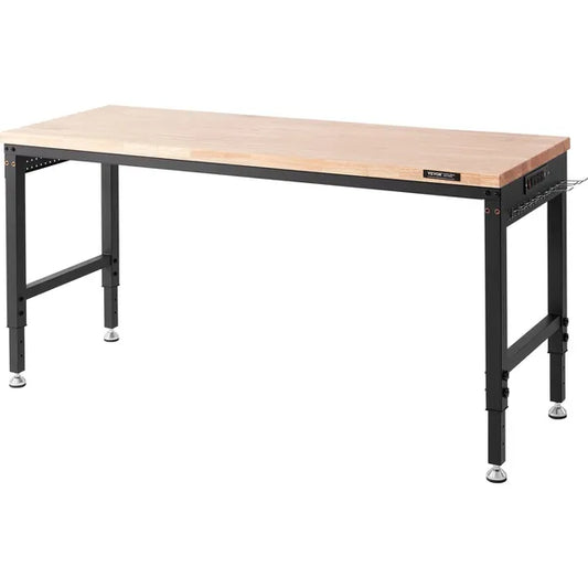 Workbench with a wooden top and black metal frame on a white background