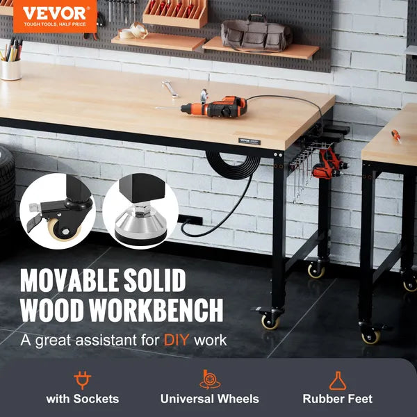 Vevor workbench with tools and features highlighted on a workshop background