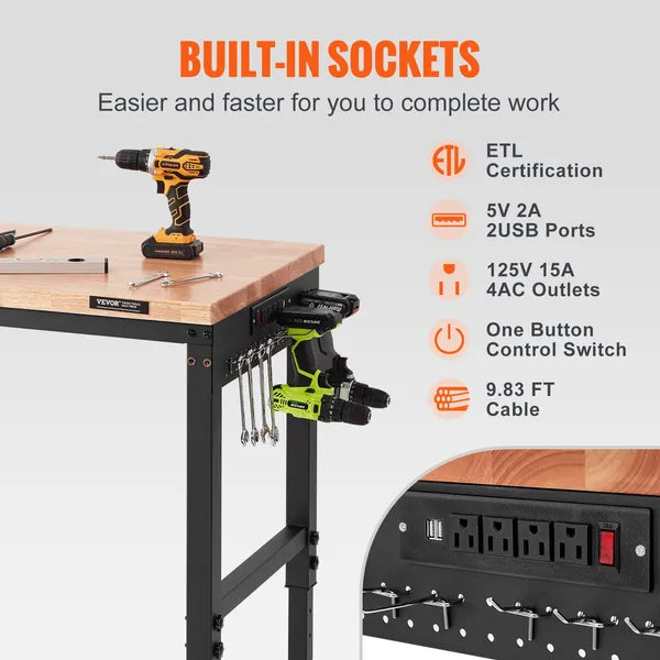 Workbench with built-in sockets and power station, featuring tools and certification icons.